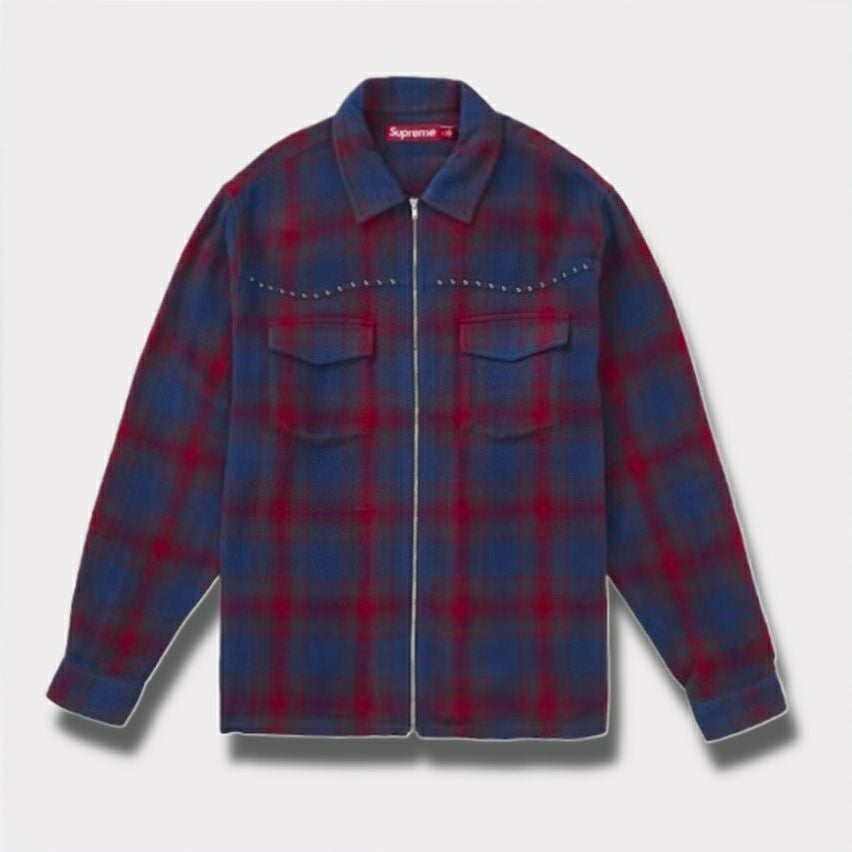  Supreme シュプリーム 2025AW Studded Shadow Plaid Zip Up Shirt スタッズ シャドウプレイド ジップアップシャツ ネイビー