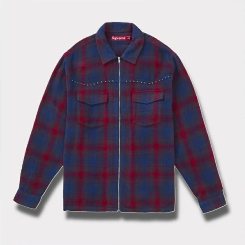  Supreme シュプリーム 2025AW Studded Shadow Plaid Zip Up Shirt スタッズ シャドウプレイド ジップアップシャツ ネイビー