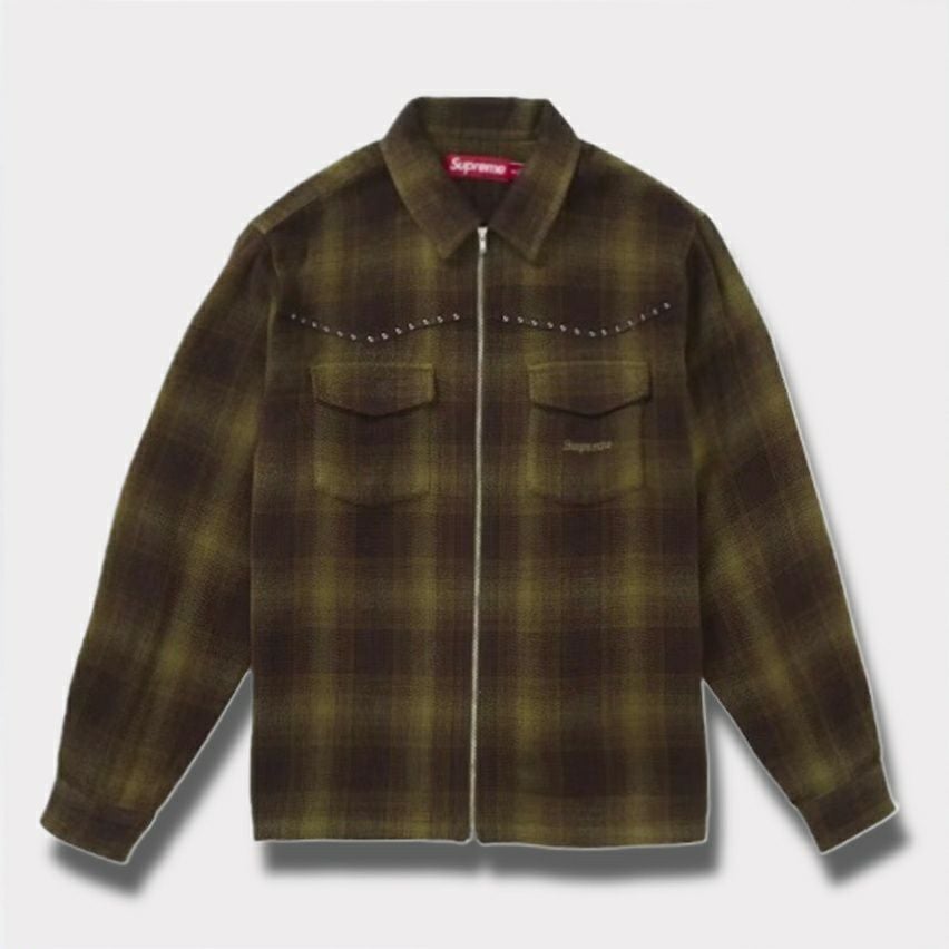Supreme シュプリーム 2025AW Studded Shadow Plaid Zip Up Shirt スタッズ シャドウプレイド ジップアップシャツ オリーブ